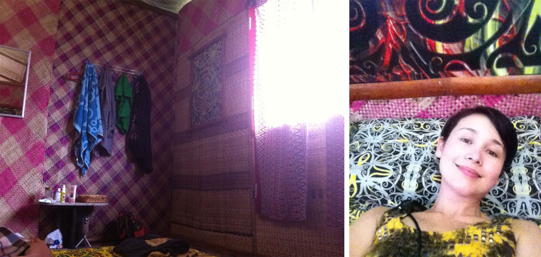 The longhouse room: woven rattan walls, morning light through the curtain, and Jacelyn resting on the bed.